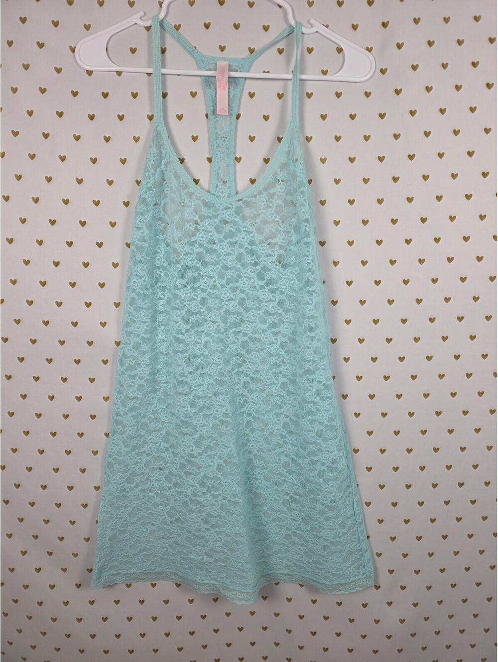 Victorias Secret Blue Sheer Racerback Lace Stretch Lingerie Slip Dress LARGE
